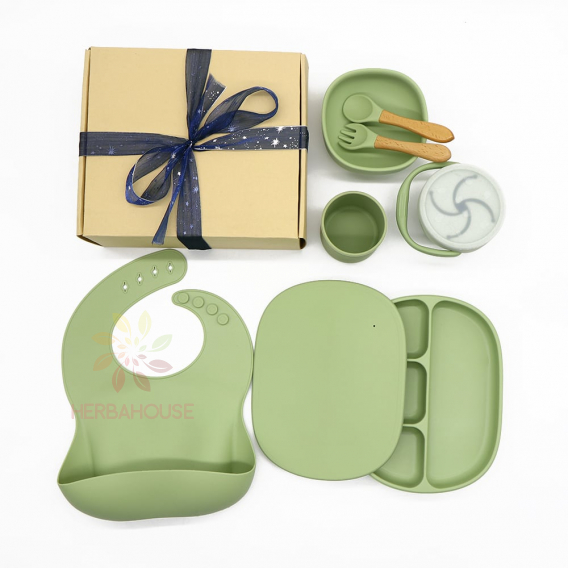 Obrázok pre Martons jedálenská sada silikónová s prísavkou 7-dielna (Olive green)